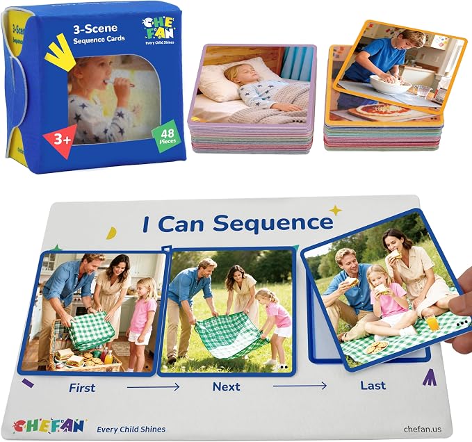 CHEFAN Sequencing Cards for Kids, Speech Therapy Sequence Game with Board, Preschool Kindergarten Storytelling Sentence Building Learning Activities (3 Steps) by CHEFAN