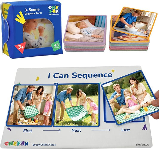 CHEFAN Sequencing Cards for Kids, Speech Therapy Sequence Game with Board, Preschool Kindergarten Storytelling Sentence Building Learning Activities (3 Steps) by CHEFAN