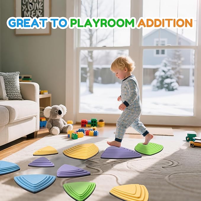 Kids Balance Stepping Stones Multicolor Triangular 10PCS Non-Slip Toddler Stepping Stones for Balance Coordination Ages 3-8 Years