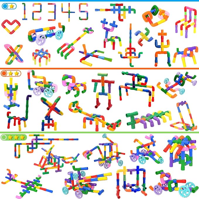 FUBAODA STEM Learning Pipe Tube Toys, Tube Locks Construction Building Blocks 96 Pcs - Multicolor Educational Building Blocks Set with Wheels& Spouts & Joints for Kids Ages 3+ - Image 2