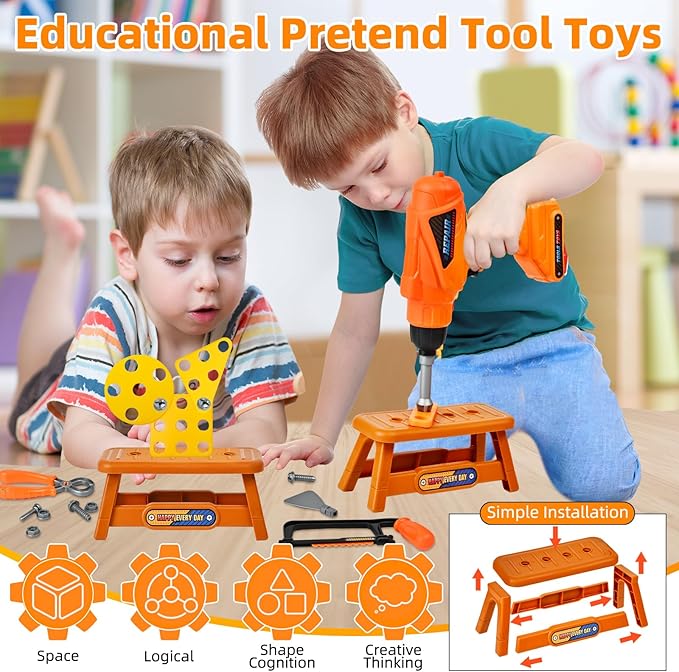 ‌Realistic Kids Drill Tool Set with 48PCS Tools & Sound Effects, Portable Construction Toy for Toddlers Ages 3+ with Safety Gear, STEM Learning Pretend Play for Family Bonding Activities