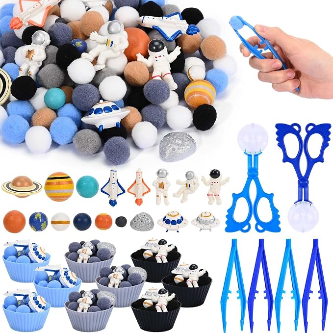Sanixn 152 Pcs Space Sensory Bin Fillers Outer Space Fine Motor Skills Astronauts Sensory Bin Item Pompoms Cups Tweezers Scissor Clips for Preschool Education Activities Sorting Counting(Space) by Sanixin