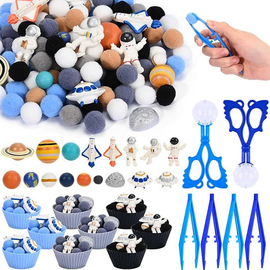 Sanixn 152 Pcs Space Sensory Bin Fillers Outer Space Fine Motor Skills Astronauts Sensory Bin Item Pompoms Cups Tweezers Scissor Clips for Preschool Education Activities Sorting Counting(Space) by Sanixin