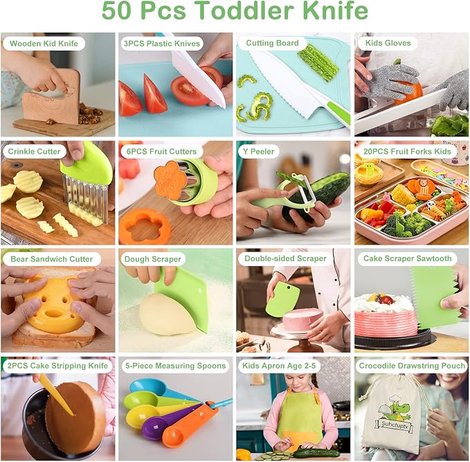 50PCS Kids Kitchen Cooking Set - Crocodile Wooden Kid Safe Knife Cutting Board Apron Gloves Fruit Vegetable Crinkle Cutters Peeler Serrated Edges Plastic Toddlers Knives, Kids Knifes for Real Cooking - Image 3