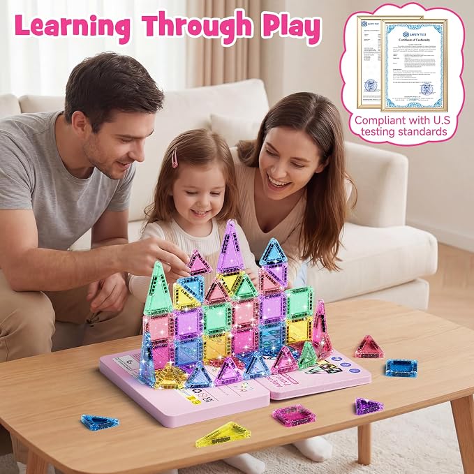 WMXDU 42-Piece Glitter Magnetic Tiles Travel Set with Pink Metal Box - Portable STEM Building Blocks for Kids Ages 3-8 Boys & Girls STEM Montessori Educational Toys for Airplane Car Rides - Image 6