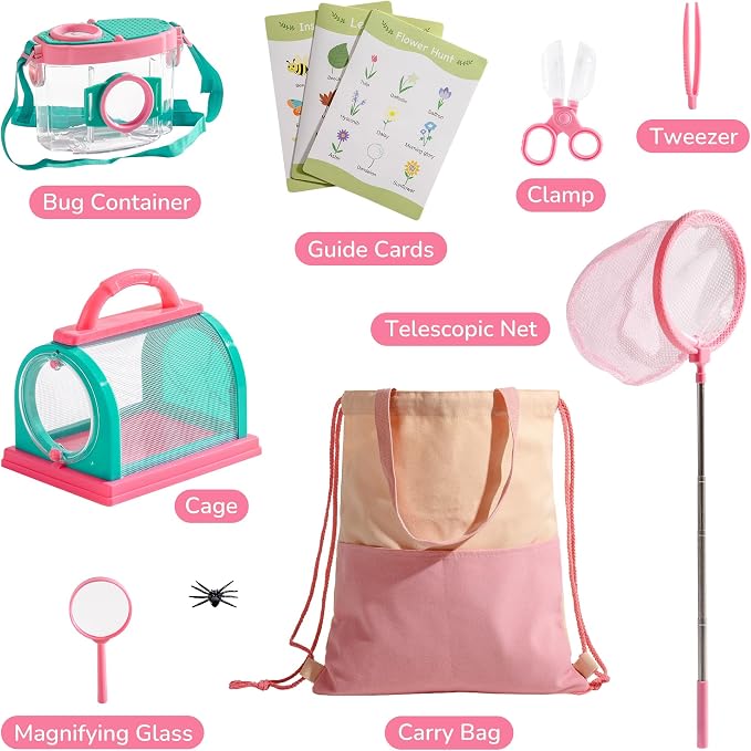 ROBOTIME Kids Explorer Kit & Bug Catcher Kit for Kids, 10PCS Outdoor Bug Catching Kit with Magnifying Glass & Net, Adventure Set for Backyard & Camping, Fun Gift for Girls 3-12 (Pink) - Image 2