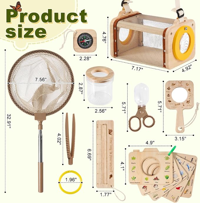 Wooden Bug Catcher Kit for Kids,10PCS Kids Bug Catching Kit with Bug Collector,Butterfly Net,Magnifying Glass,Toddler Bug Habitat Outdoor Explorer Kit Bug Collection,Nature Gift for Boys&Girls - Image 2