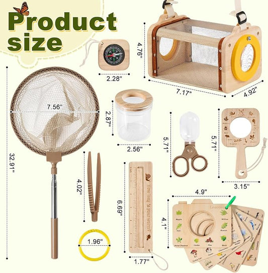 Wooden Bug Catcher Kit for Kids,10PCS Kids Bug Catching Kit with Bug Collector,Butterfly Net,Magnifying Glass,Toddler Bug Habitat Outdoor Explorer Kit Bug Collection,Nature Gift for Boys&Girls - Image 2