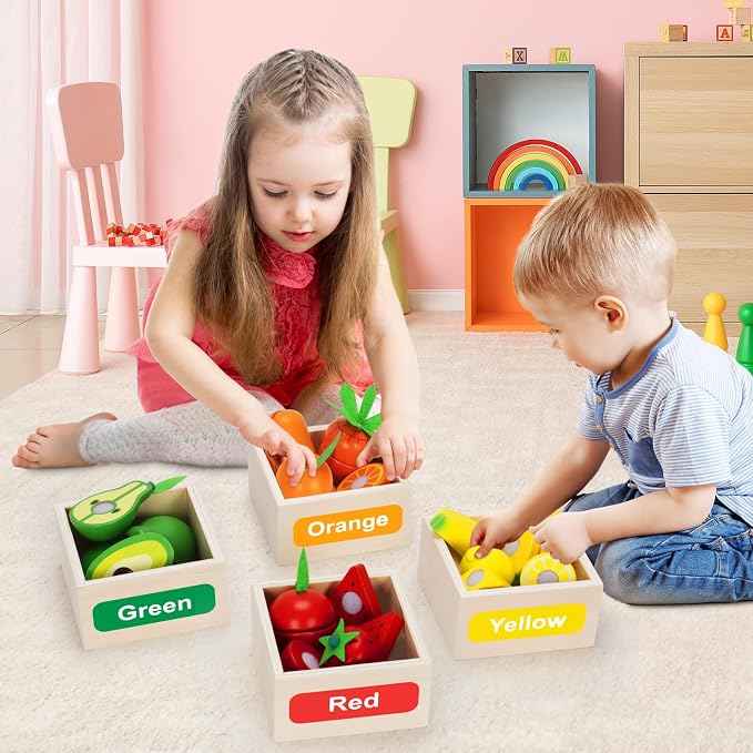 TooyBing Wooden Play Food Toy Set for Kids Kitchen - 30 Pcs Montessori Cutting & Color Sorting Fake Fruit Accessories with 4 Boxes, Play Toys for Toddlers 3, Birthday Gifts for Boys Girls - Image 4
