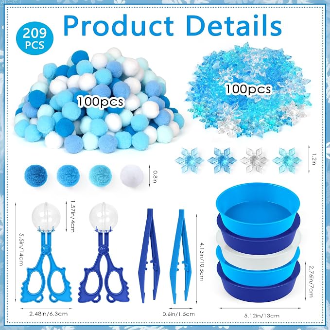 209 Pcs Winter Sensory Bin Items Winter Acrylic Snowflake Counting Sorting Sensory Bin Filler Fine Motor Toys Blue Snowflake Counts Xmas Counting Toys for Preschool Education Activities - Image 2