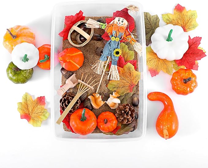 Beeveer 94 Pcs Fall Sensory Bin Fillers for Kids Fall Thanksgiving Fine Motor Toys Autumn Counting Sorting Toy with Leaves Squirrels Pumpkins Scarecrow Pine Cones for Preschool Education Activities by Beeveer