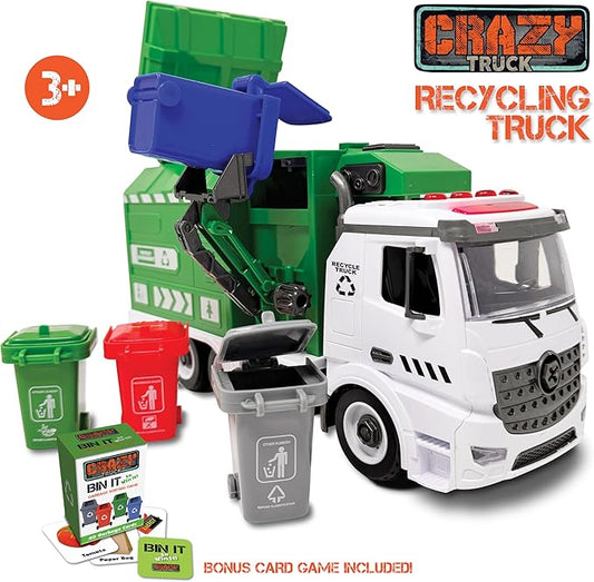 Crazy Truck 1:16 Scale Recycling Garbage Truck Toy with Lights & Sounds, 4 Recycle Cans, 40 Flash Cards, Tools – DIY Take-Apart for Kids – Realistic Mechanical Arm for Lift & Dump Trash Play