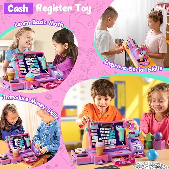 Upgraded Kids Cash Register Toy for Boys Girls, Toddler Pretend Play Cashier Register with Shop Accessories, Calculator Cash Register with Scanner/Credit Card (Pink)
