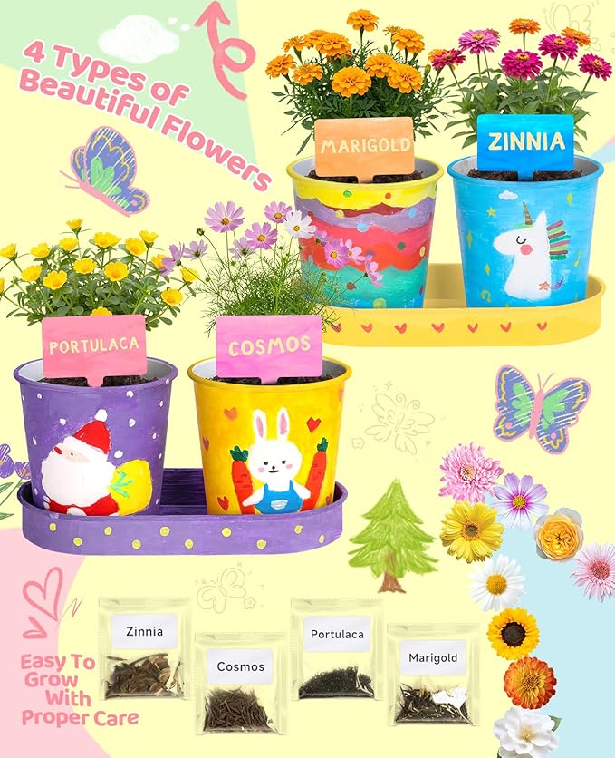 YAUNGEL Paint & Plant Flower Kids Gardening Set, Arts and Crafts for Kids Ages 8-12 Plant Growing Kit with 4 Pots, Christmas Birthday Gifts for Girls & Boys Children