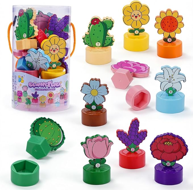 TSYAN Montessori STEM Toys Gift for Toddlers, Bloomy Flora Shape Color Number Sorting Matching Game, Educational Fine Motor Skills Learning Flower Blocks with Storage Tube for Boys Girls 2-4 Year Old by TSYAN