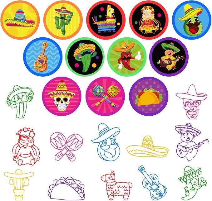Cinrobiye 24 Pcs Mexican Fiesta Stampers for Kids,Party Favor Set, Mexico Party Favor Set Stampers, Cinco de Mayo Birthday Party Supplies, Classroom Rewards, Piñata Fillers, Goody Bag Stuffers - Image 2