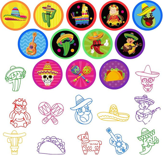 Cinrobiye 24 Pcs Mexican Fiesta Stampers for Kids,Party Favor Set, Mexico Party Favor Set Stampers, Cinco de Mayo Birthday Party Supplies, Classroom Rewards, Piñata Fillers, Goody Bag Stuffers - Image 2