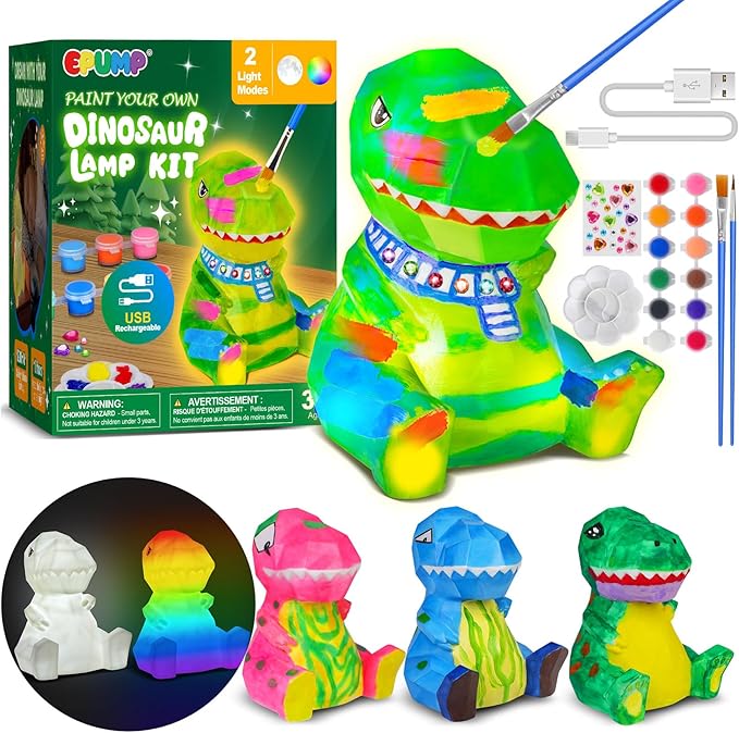 EPUMP Paint Your Own Dinosaur Lamp Kit - Rechargeable 1200mAh Night Light with 2 Light Modes, Arts and Crafts Painting Toys for Girls Boys, Art Supplies Birthday & Christmas Gifts for Kids Ages 3-12+