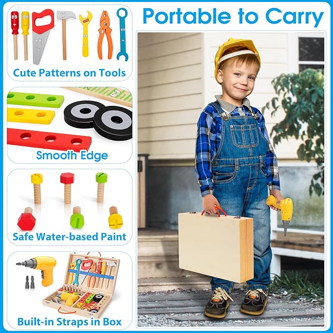 Kids Tool Set Toy with Drill, Stem Montessori Toys for 3 4 5 Years Old Boy Girl, 44 Pcs Wooden Toddler Tool Kits Inc Box, Learning Educational Construction Toy (Pack of 3) - Image 6