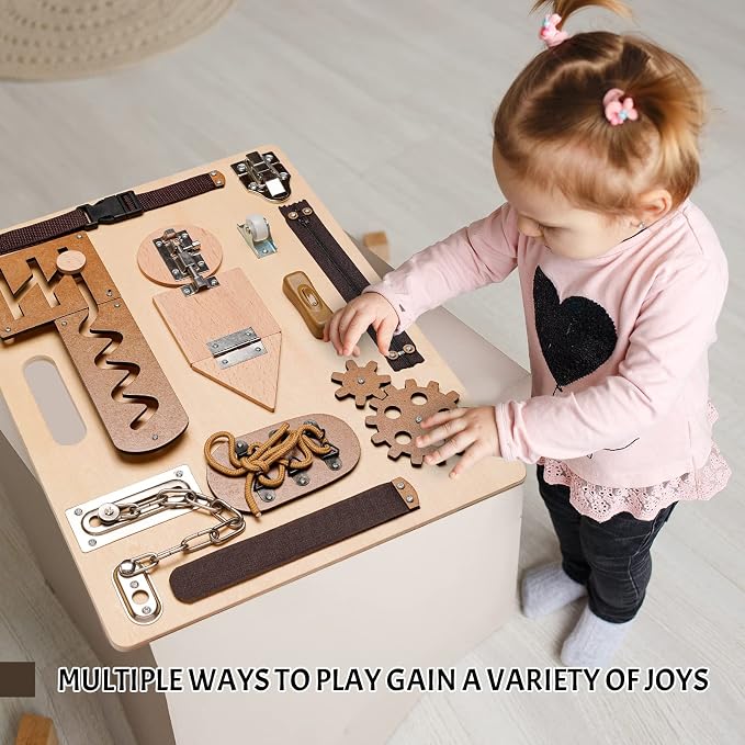 Montessori Busy Board for Toddlers, Wooden Sensory Toys, Preschool Learning Activities for Fine Motor Skills Travel Toy, Basic Life Skills Educational Gifts for 1, 2, 3 Years Old Kids Boys Girls - Image 6