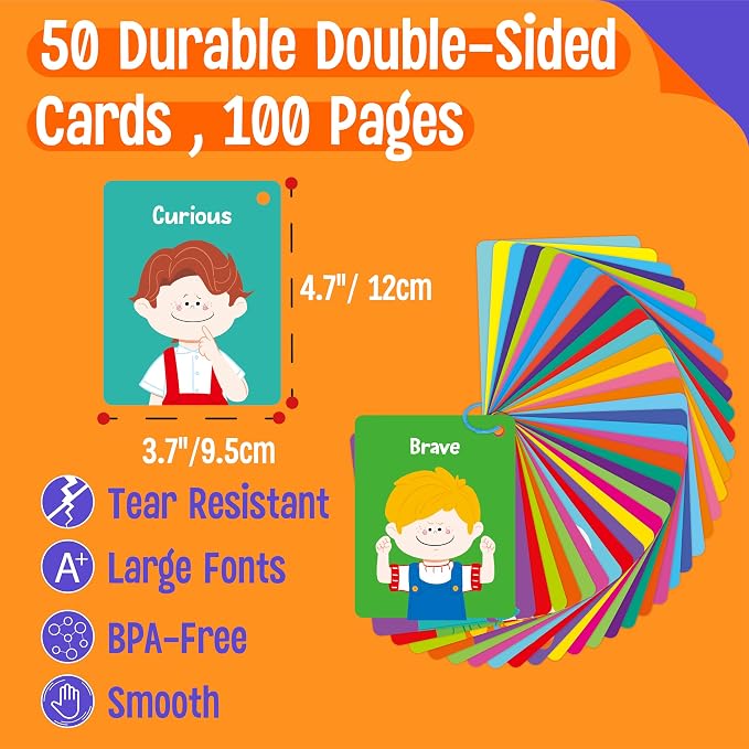 Emotions Flashcards, 50 Different Feelings with Coping Skills-Learn to Identify Various Moods, Cartoon Faces Emotions for Kids with Autism, ADHD -Emotion Flipbook for Therapy, Home Use - Image 2
