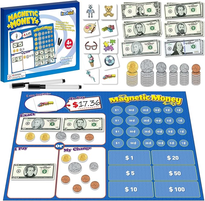Kasfalci 73 PCS Magnetic Money for Kids for Learning, Back to School Supplies, Learning & Education Toys for Classroom, Pretend Play, Math Games for Toddler, Teacher and Homeschool Supplies by Kasfalci