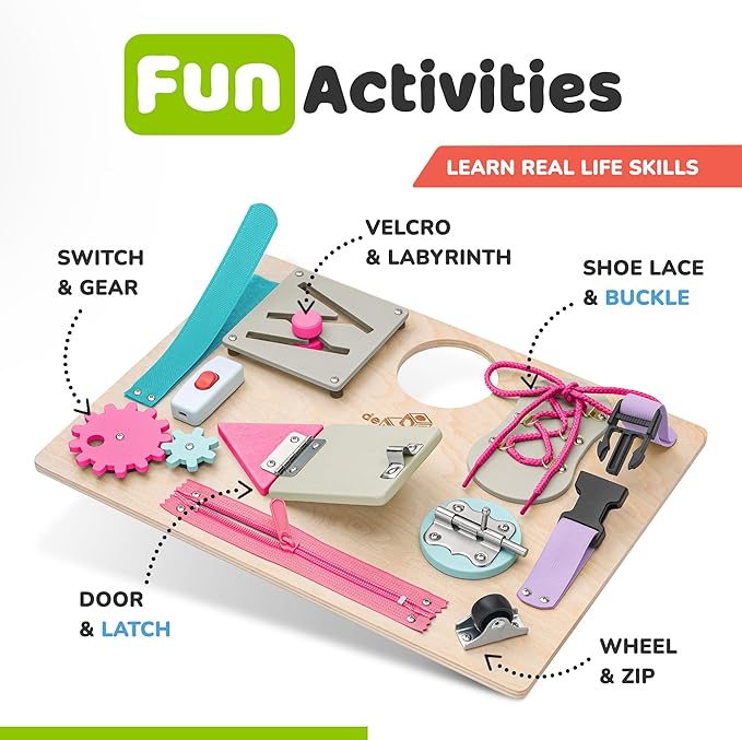 deMoca Sensory Busy Board for Toddlers, Premium Wooden Toddler Busy Board for 1 2 3 Year Old with 10 Educational Activities for Fine Motor Skills, Fidget Activity Toy for Travel Toy (Coral - Large)
