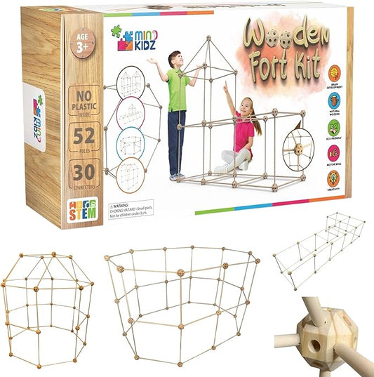 MIND KIDZ Wooden Fort Building Kit for Kids - STEM Monstessori Construction Toy - 52 rods & 30 Spheres, Eco-Friendly Play Set for Boys & Girls