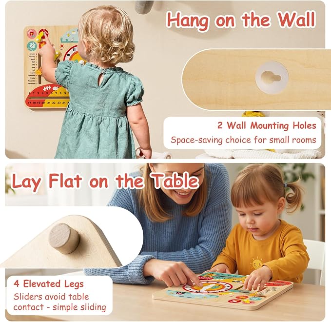 Costzon Montessori Kids Daily Learning Clock Toy, Wooden Educational Learning Clock Toy About Season, Weather, Day, Night, Month, Week & Date, Toddlers Daily Calendar for Preschool Boys Girls Aged 3+ - Image 5