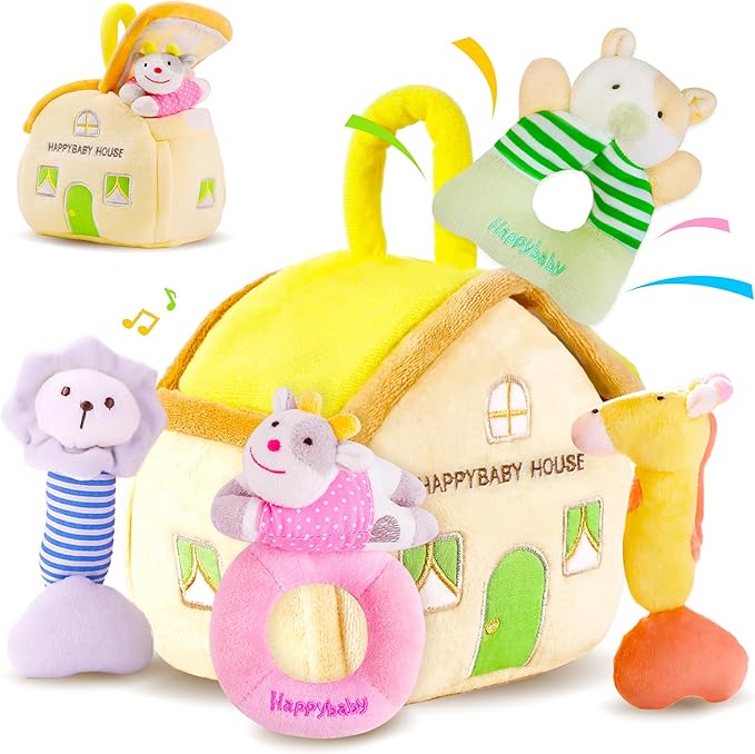 iPlay, iLearn Baby Toys 3 6 12 Month Newborn Gift, Infant Soft Jungle Stuffed Animal Rattle Plush Barn, First Birthday Basket Shower Stuffer, Boy Girl Sensory Hand Development Toy 2 4 7 9M 1 Yr-Jungle