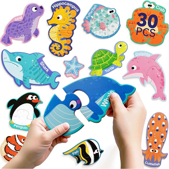 Dotimo 30 pcs Magnetic Puzzle of Fun Ocean Animals - Colorful Puzzles for Kids Aged 3+ - A Magnetic Educational Learning Toy for Kids Aged 3-5 to Develop Hand-Eye Coordination by Dotimo