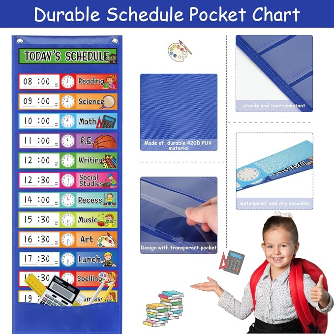 Daily Schedule Pocket Chart Kit,40 Bright Attractive Double-Sided Reusable Erasable Cards,1 Title Card,13+1 Scheduling Pocket Chart with 2 Hangers for Classroom Office Home Preschool Learning (Blue) - Image 3