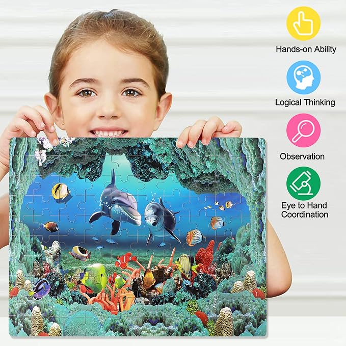 LELEMON Underwater World Puzzles for Kids Ages 4-8,100 Piece Ocean Dolphins Fishes Jigsaw Puzzle for Children,Learning Educational Toys for Boys and Girls - Image 5