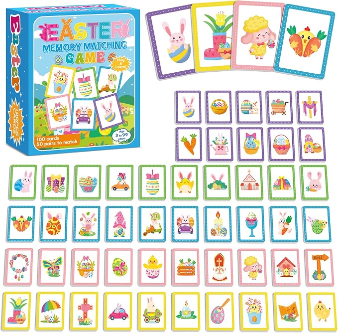gisgfim 100 PCS Memory Matching Game Easter Concentration Memory Games Card Learning Educational A Fun & Fast Easter Egg Bunny Religious Cross Matching Games by gisgfim