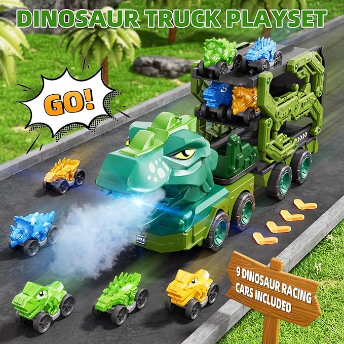 10 in 1 Dinosaur Truck Toys for Kids Toddlers Boys 3-5 4-8, Dino Carrier Truck with Foldable Track, Spray, Light & Sounds and 9 Dino Cars, Birthday Gifts for Kids Boys Girls 3 4 5 6 7 8 Year Old