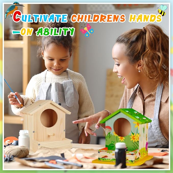 Liliful 12 Pack Wooden Birdhouse Kit DIY Bird House with Paint and Paintbrushes Art and Crafts Painting Kits for Boys Girls Adults Build Paint Classroom Birthday Indoor Outdoor Craft