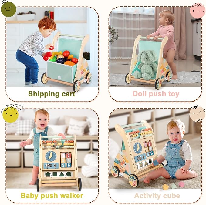 LOL-FUN Wooden Baby Walker with Double-Sided Busy Board, Push Walker for Baby with Adjustable Speed Wheels, Activity Learning Walker for Boys 6-12 Months