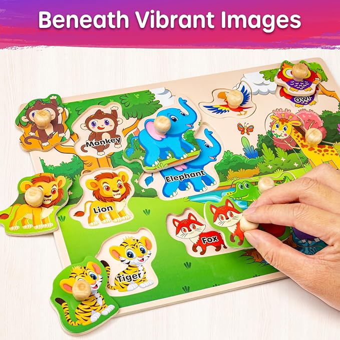 SYNARRY Wooden Puzzles for Toddlers 1-3, 6XSET Puzzles for Toddlers 2-4 with Rack, Learning Alphabet Number Animal Dinosaur Vehicle for Kids, Education Toys for 2 3 Years Boys Girls - Image 3