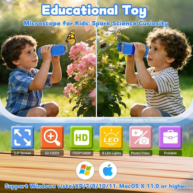1000X Handheld Microscope for Kids: Pocket Digital Microscope with 2.0''IPS Screen&Photo/Video - Portable Edu Science Kits for Girls Boys - STEM Toys Birthday Gifts Ages 3-6 6-12(Blue) - Image 2