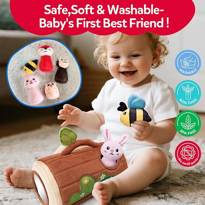 Baby Toys 6-12 Months - Jungle Soft Plush Animal Set with Rattle Squeaker Mirror, Cause & Effect Montessori Sensory Toys for Babies 7 8 9 10 11 Months, Newborn Gifts for Baby Boy Girl Infant