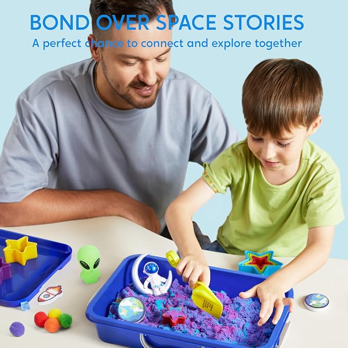 JOVA Klever Kits Outer Space Sensory Bin for Kids with Glow in The Dark Alien and Rocks, Sandbox with Lid Dual-Color Sand, Preschool Learning Activities Gifts for Boys Girls Age 3+ - Image 3
