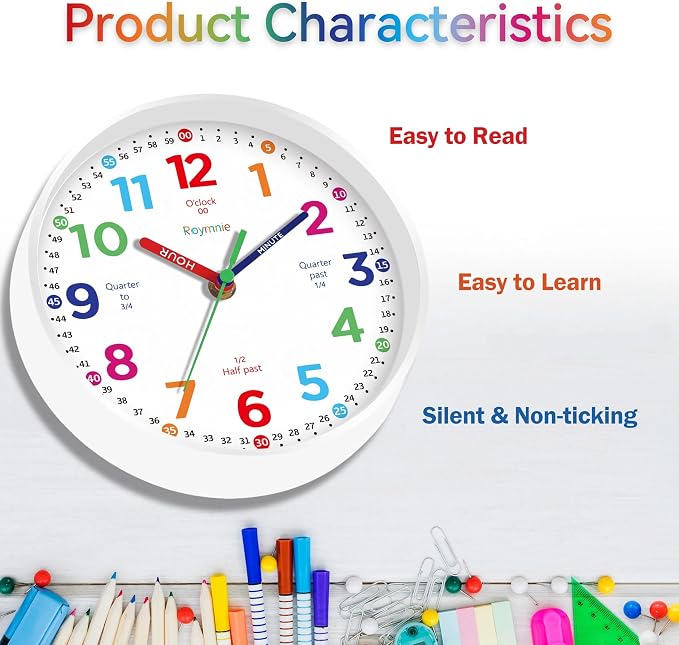 Roymnie 12" Wall Clock for Kids Learning Battery Operated Teaching Silent - Image 6