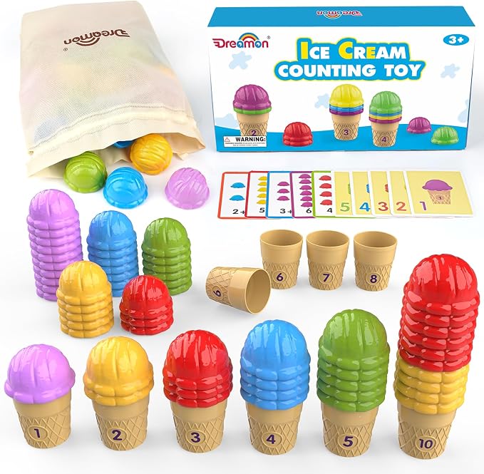 Ice Cream Color Sorting Toys for Toddlers, Montessori Counting Pretend Play Toys - 76 Pieces, Early Math Manipulatives Learning Toys with 10 Educational Number Cards for Preschool Kids (Number) by Dreamon