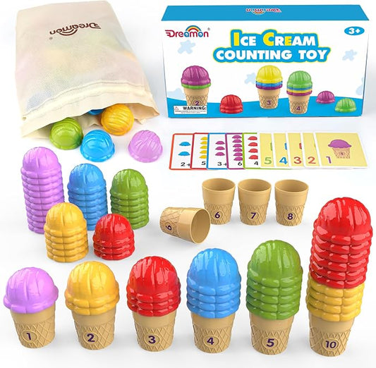 Ice Cream Color Sorting Toys for Toddlers, Montessori Counting Pretend Play Toys - 76 Pieces, Early Math Manipulatives Learning Toys with 10 Educational Number Cards for Preschool Kids (Number) by Dreamon