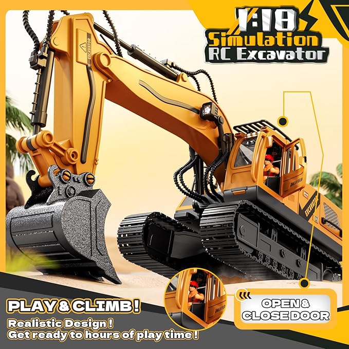 RC Excavator Toys for 3 4 5 6 7 8 Year Old Toddler Boys, 15 Channel Remote Control Construction Toys W/Sandbox & 2.2 lb Sands, Sandbox Toys W/Light & Sound, Birthday Gift for Kids Boys Age 4-6