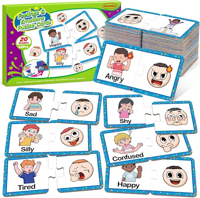 Kasfalci Feelings & Emotions Puzzle Cards, 40 PCS Feelings Chart Toys for Kids,Social Emotional Learning Activities,Speech Therapy Games,Autism Learning Materials,Calm Down Corner Supplies by Kasfalci