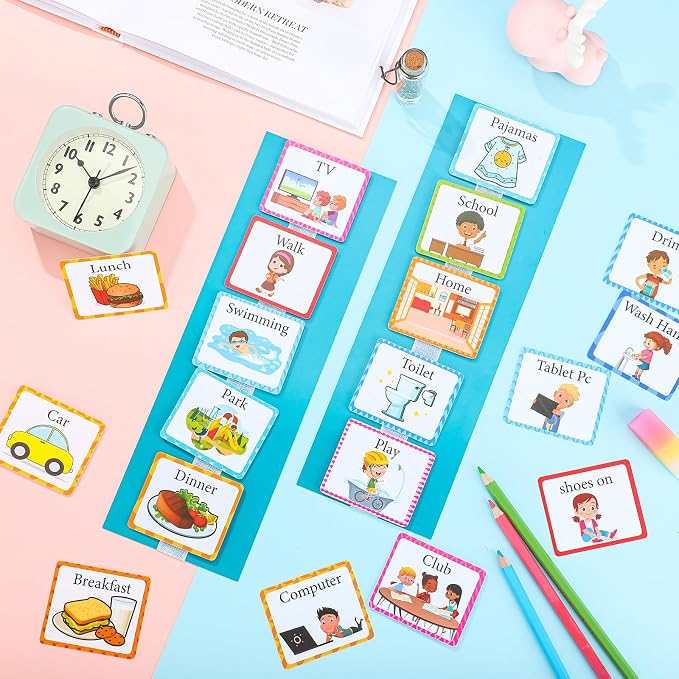 Visual 35 Pieces Schedule for Toddlers Autism Learning Materials Kids Routine Cards Visual Wall Planner, 2 Chore Chart Schedule Board for Home School, 2 Rough Strips, 35 Hook and Loop Dots(Cyan) - Image 7
