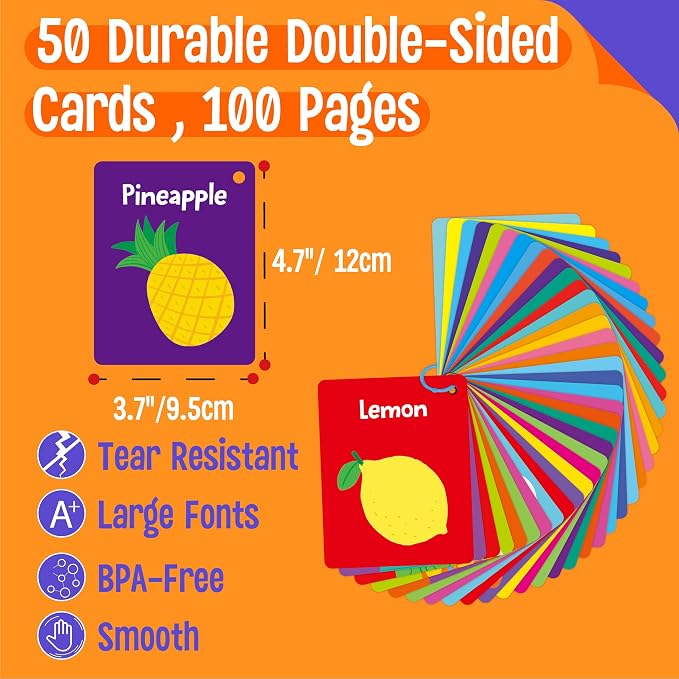 Food Flashcards, 50 Double-Sided Cards, Veggies, Fruits, Snacks, Desserts, Grain Cards Educational Learning Tools for Preschool and Toddlers Learning (2 Reclosable Rings Attached) - Image 2