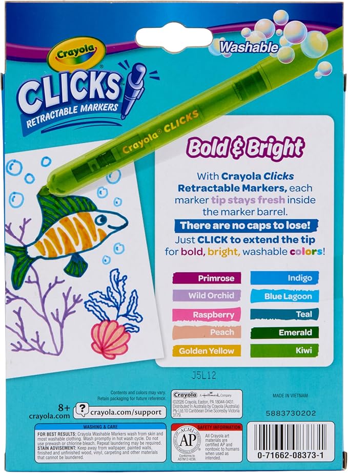 Crayola Clicks Retractable Markers - Bold (10ct), No Dry Washable Markers for Kids, Click Markers for School, Must Have Coloring Supplies, Gifts