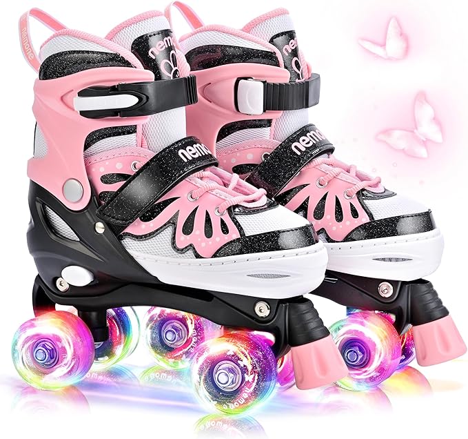 NEMONE Mermaid 4 Size Adjustable Light up Roller Skates for Girls, Purple Blue Skates for Toddlers, Beginner Kids Butterfly Roller Skates Indoor Outdoor